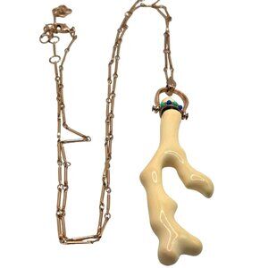 Coastal Chic Porcelain Coral Branch Necklace Pendant Long Gold Chain Sea Siren